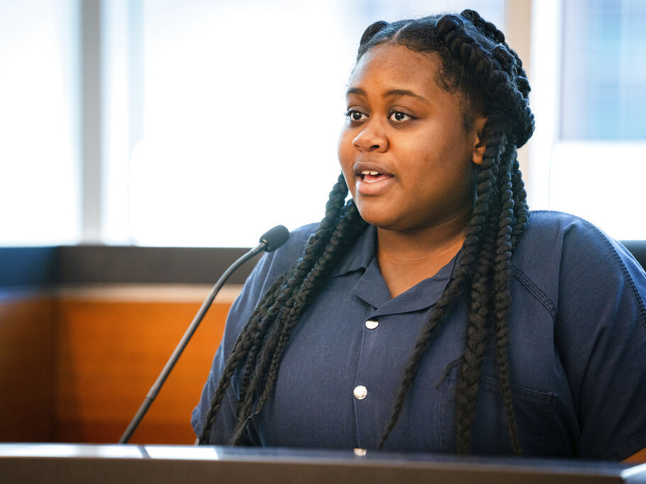 caption: Pieper Lewis speaks Sept. 13 at a sentencing hearing in Des Moines, Iowa.
