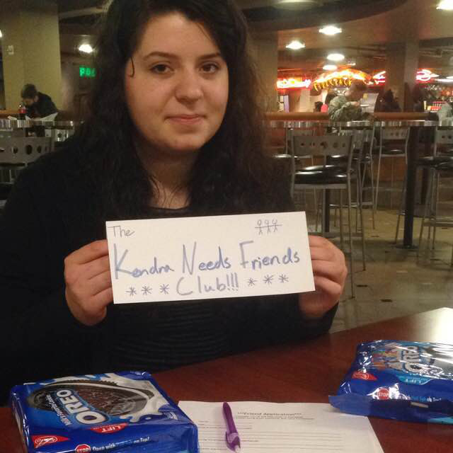 caption: Kendra Hanna recruiting members for the Kendra Needs Friends Club at the University of Washington