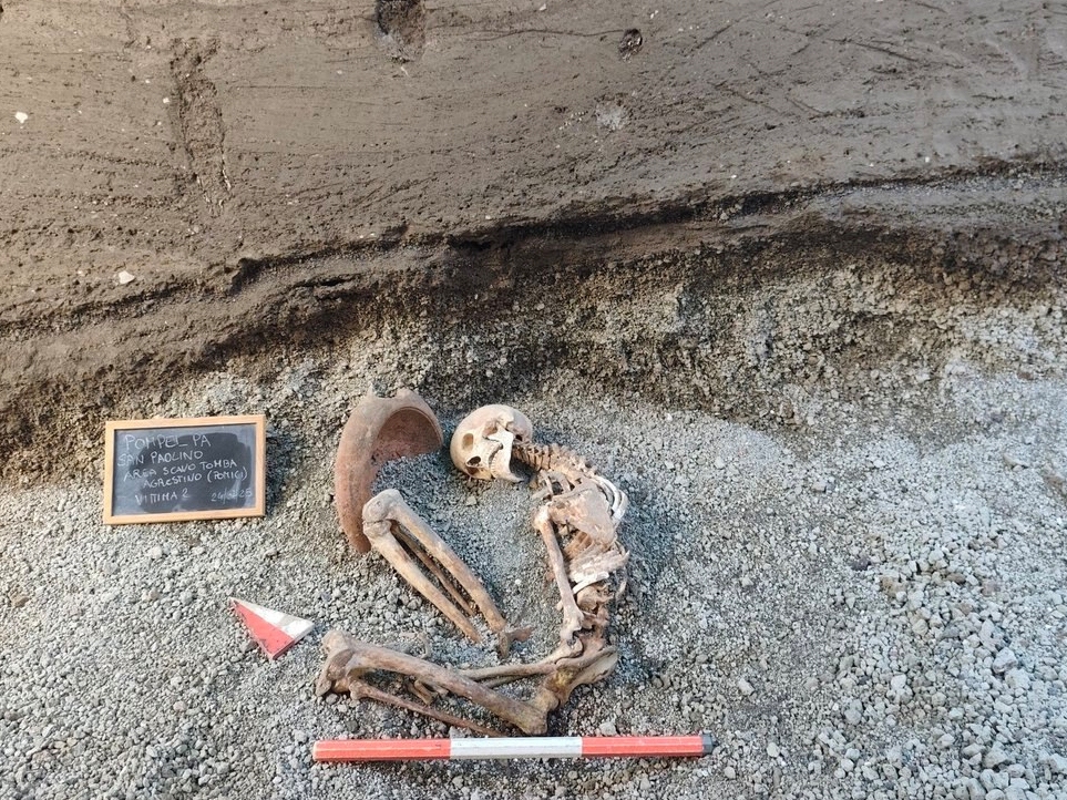 caption: This image released by the Italian Culture Ministry on Monday, April 27, 2026, shows a victim of the AD 79 eruption of Mount Vesuvius, in the Pompeii archaeological area near Naples in southern Italy.