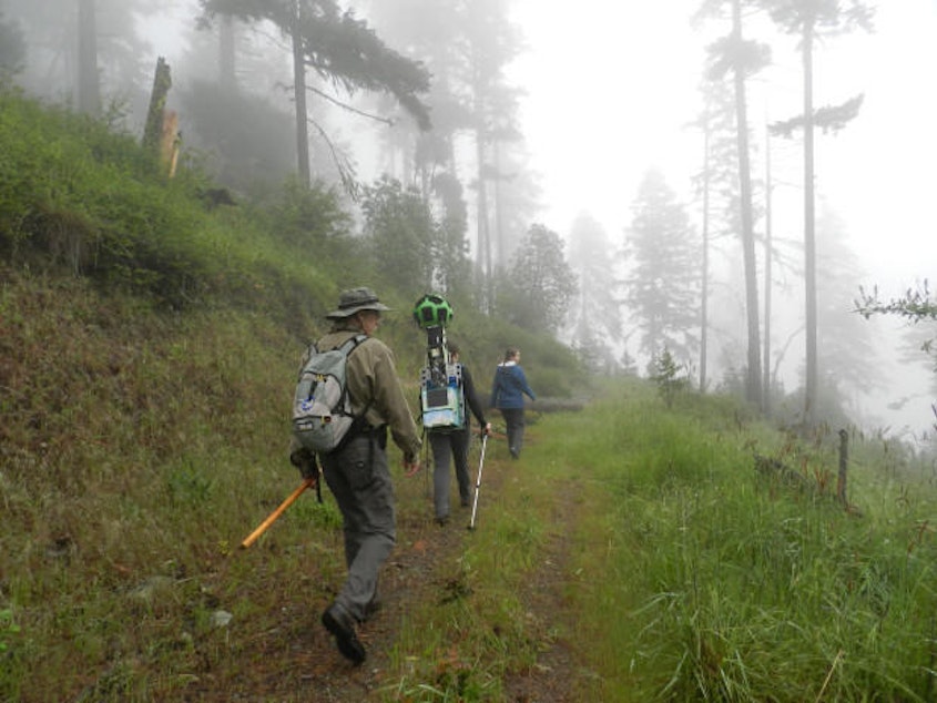 caption: David Calahan (left) and Chandra LeGue (center) hike up a trail in Southern Oregon. LeGue is carrying the Google Trekker to photograph the sights.