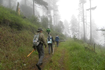caption: David Calahan (left) and Chandra LeGue (center) hike up a trail in Southern Oregon. LeGue is carrying the Google Trekker to photograph the sights.