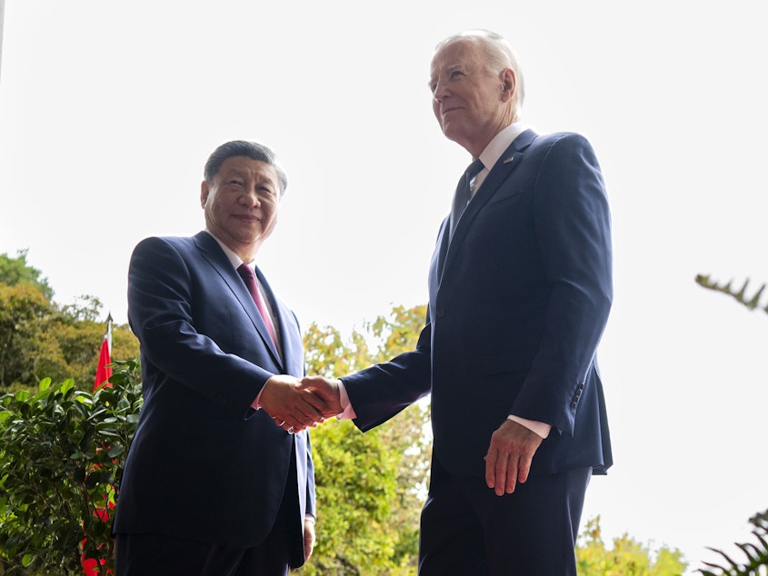 caption: President Biden greets China's President President Xi Jinping Nov. 15, 2023, in California. China has agreed to curtail shipments of the chemicals used to make fentanyl, the drug at the heart of the U.S. overdose epidemic.