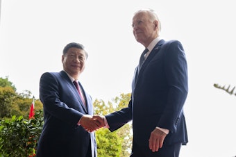 caption: President Biden greets China's President President Xi Jinping Nov. 15, 2023, in California. China has agreed to curtail shipments of the chemicals used to make fentanyl, the drug at the heart of the U.S. overdose epidemic.