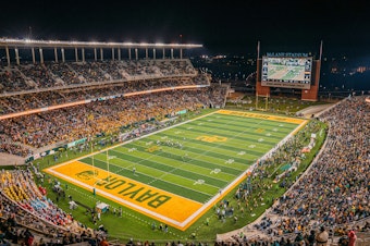 caption: The Baylor Bears take on West Virginia Mountaineers at McLane Stadium on Oct. 31, 2019 in Waco, Texas. In a new report, the NCAA says the culture of sexual violence and a lack of accountability spanned the entire Baylor University campus — both inside athletics and out.