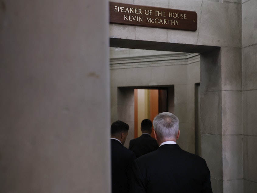 caption: Rep. Kevin McCarthy, R-Calif., enters his office at the U.S. Capitol on Monday, the day before he was voted out as speaker.