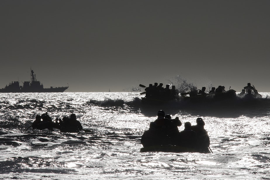 caption: U.S. Navy SEAL candidates train off San Diego in 2018
