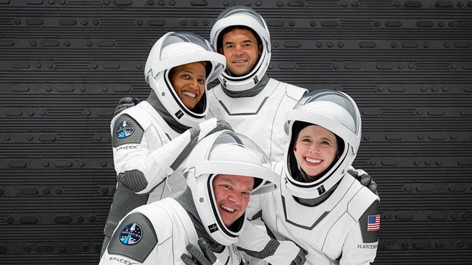 caption: Clockwise from left Dr. Sian Proctor, Jared Isaacman, Hayley Arceneaux and Chris Sembroski, crew members on the Inspiration4 space mission. 