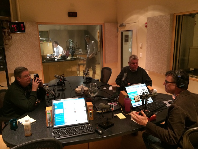 caption: Chris Vance, Greg Nickels and Bill Radke in studio at KUOW, November 5, 2014.
