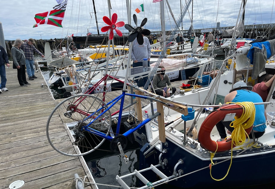 caption: Most Race to Alaska vessels sport a jury-rigged pedal drive or oarlocks in unusual places to provide propulsion in place of banned outboard motors.