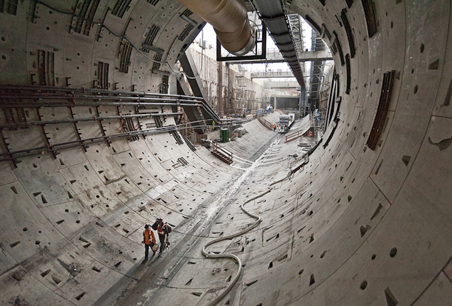 caption: Bertha is stuck just over 1,000 feet into its dig for the new SR 99 tunnel.