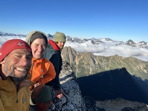 caption: From left, Jeff Hashimoto, Uhuru Hashimoto and Langdon Ernest-Beck atop Golden Horn (8,366 feet) in the North Cascades, one of Washington's 100 highest peaks.