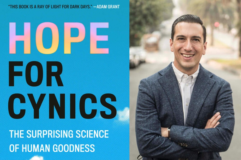 caption: The cover of "Hope for Cynics" beside author Jamil Zaki. (Courtesy of Vern Evans)