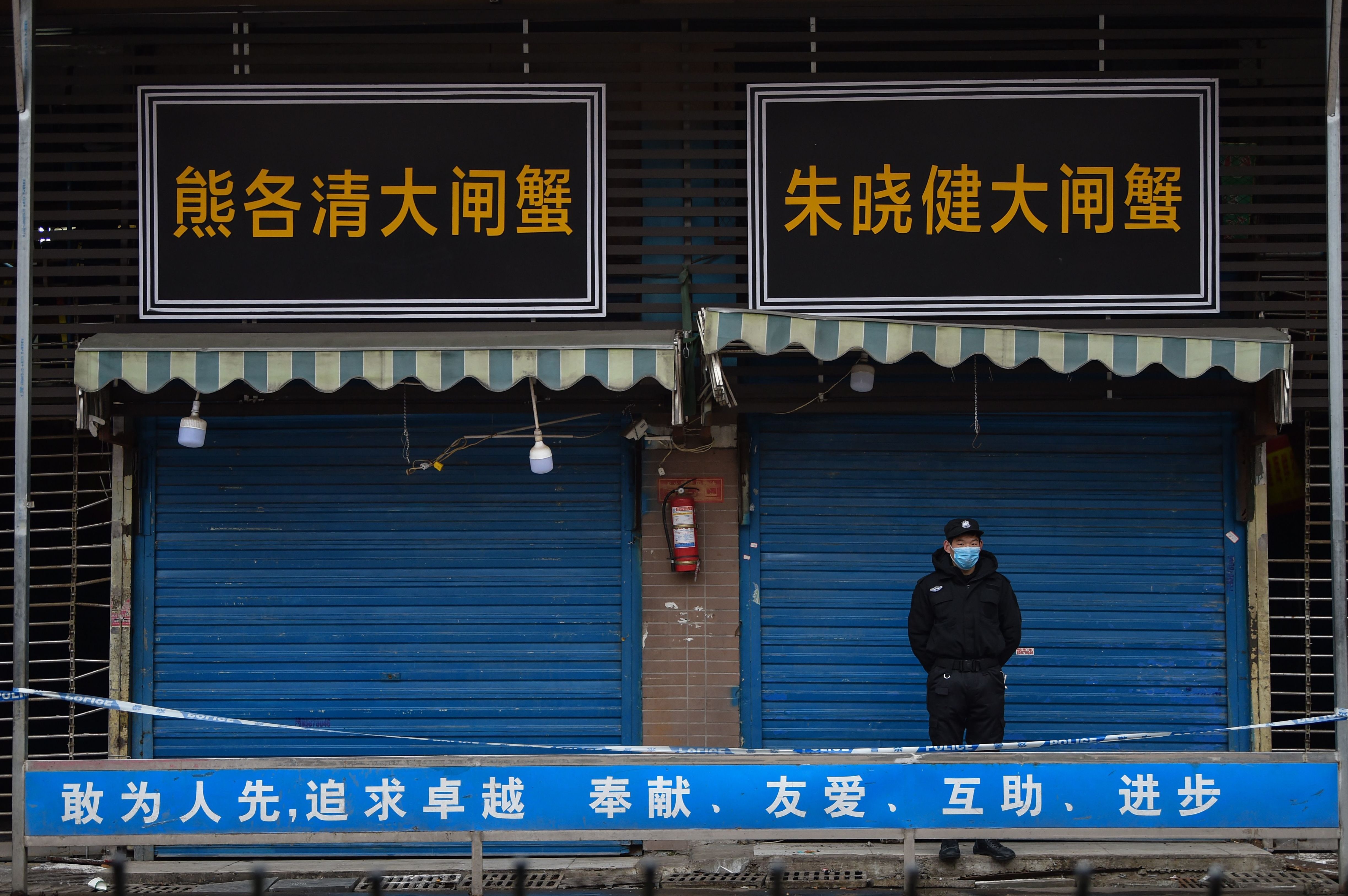 caption: A security guard stands outside the Huanan Seafood Wholesale Market where the novel coronavirus was detected in Wuhan.