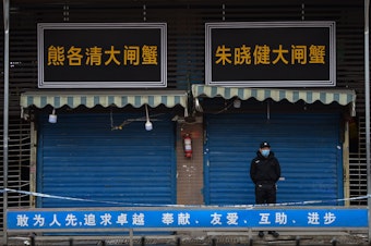 caption: A security guard stands outside the Huanan Seafood Wholesale Market where the novel coronavirus was detected in Wuhan.