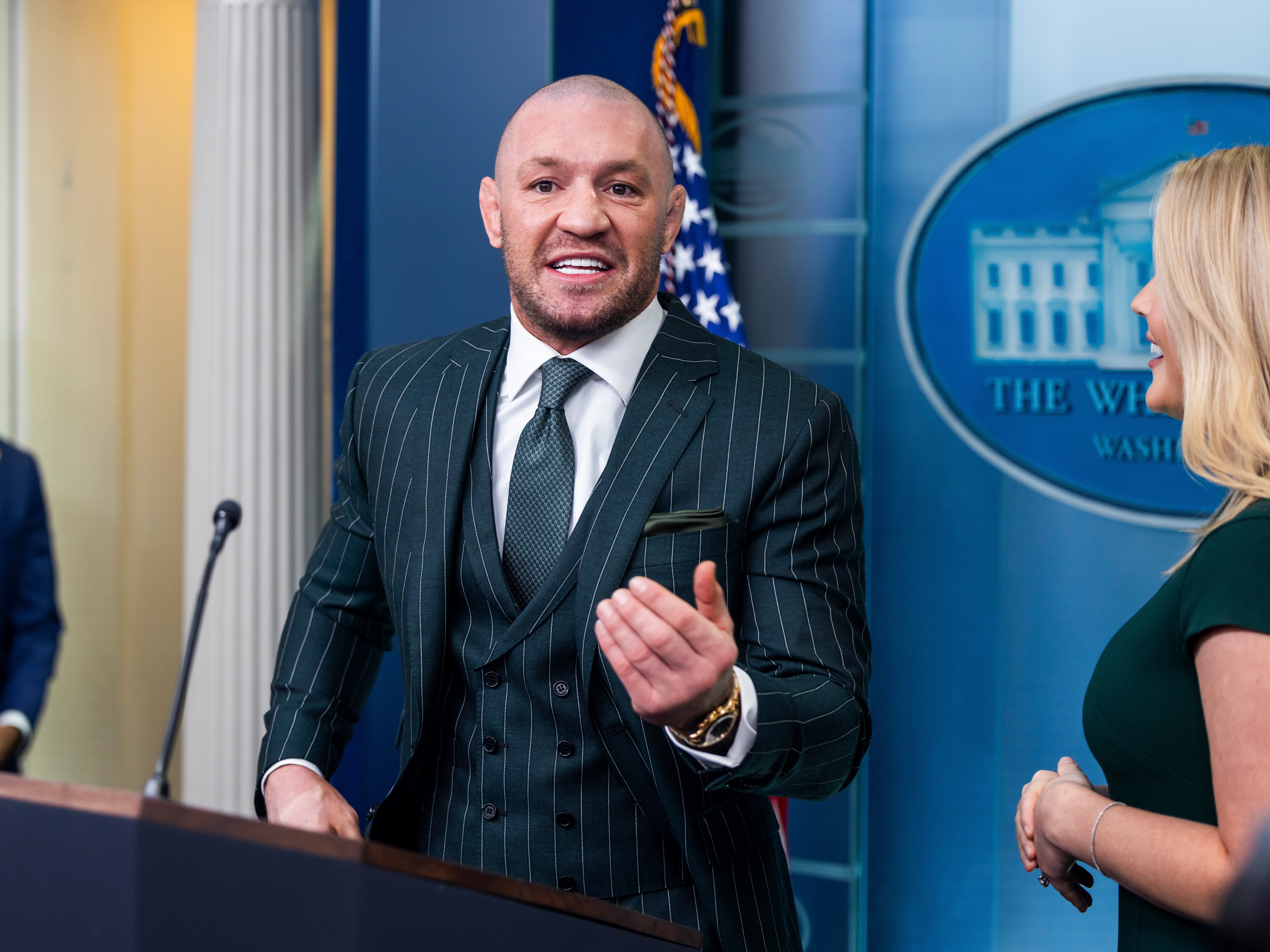 caption: Former UFC fighter Conor McGregor speaks in the James S. Brady Press Briefing Room of the White House in Washington, D.C., on March 17.
