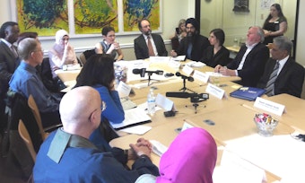 caption: Faith leaders meet with U.S. Sen. Maria Cantwell at the Jewish Federation of Seattle on Friday to discuss recent hate crimes.