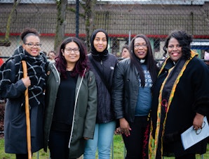 caption: ChrisTiana Obey Sumner, Cinthia Vazquez, Hanan Hassan, Rev. Bianca Lovelace and Dr. Rev. Kelle Brown at the Seattle Womxn’s March