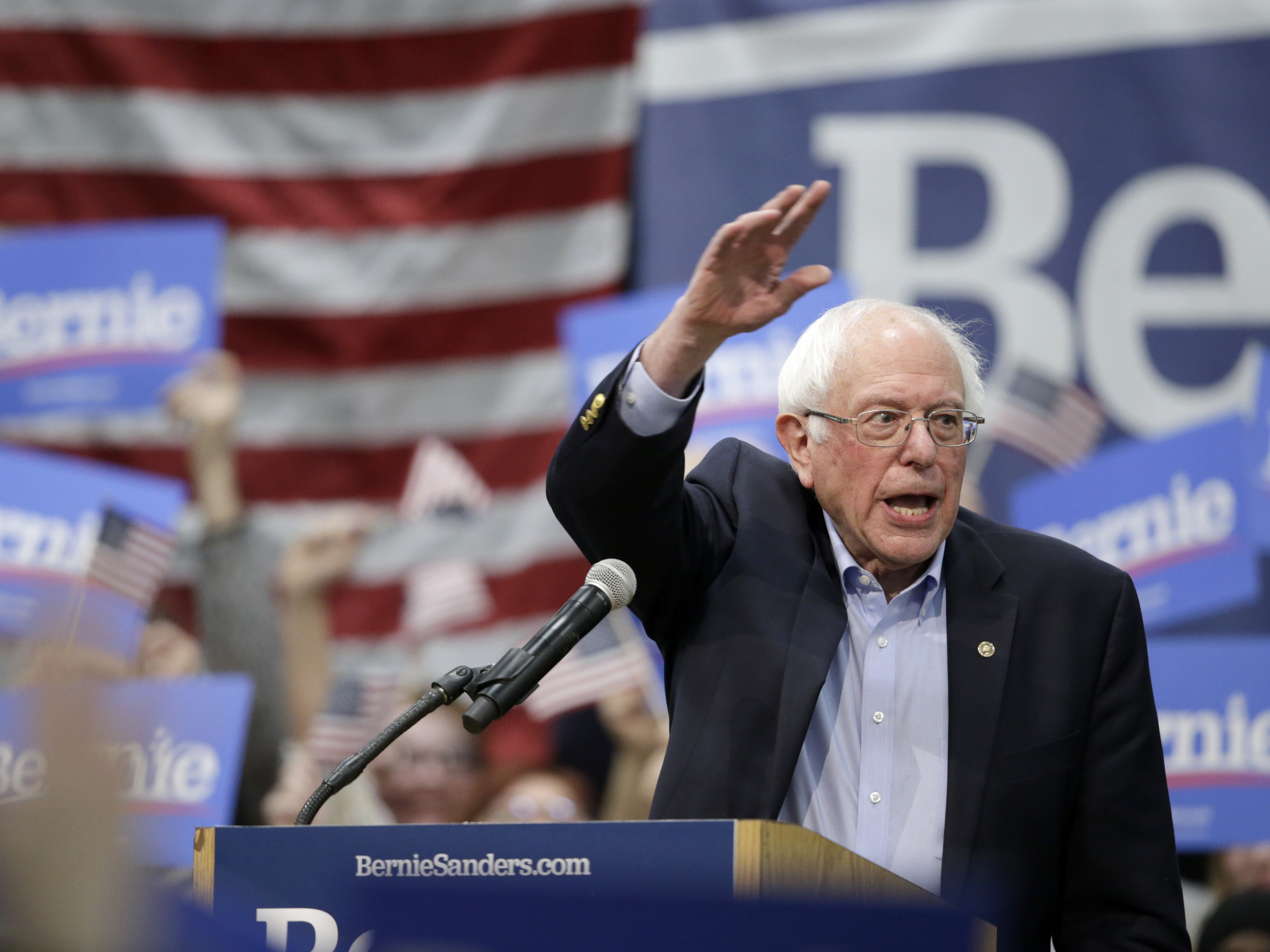 caption: Sen. Bernie Sanders, I-Vt., speaks to supporters at an Iowa rally in March.
