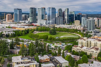 caption: Bellevue Downtown Park with the city center behind it. 