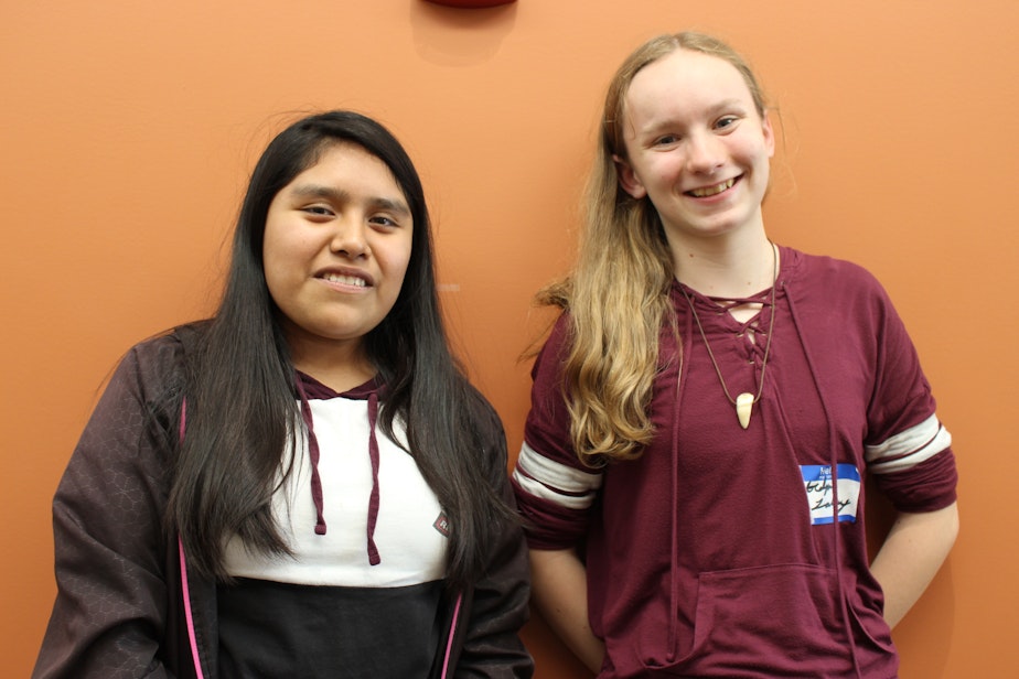 caption: RadioActive workshop participants Aylin Hernandez and Jocelyn LaMay outside Yakima Valley Technical Skills Center.