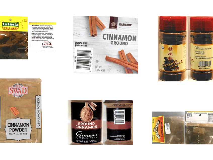 caption: This combination of photos provided by the Food and Drug Administration on Wednesday shows cinnamon products sold in U.S. discount stores which contain elevated levels of lead.