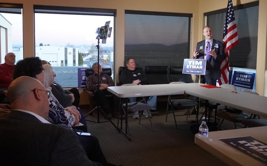 caption: Tim Eyman addresses a crowd of supporters in his home town of Yakima Wednesday, Feb. 12. He announced he's running for governor of Washington as a Republican, not an independent, as he previously said in November.