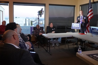 caption: Tim Eyman addresses a crowd of supporters in his home town of Yakima Wednesday, Feb. 12. He announced he's running for governor of Washington as a Republican, not an independent, as he previously said in November.