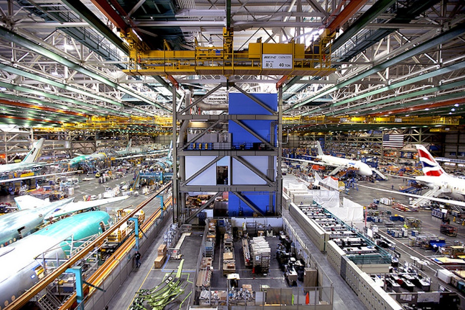 caption: Inside Everett's Boeing factory.