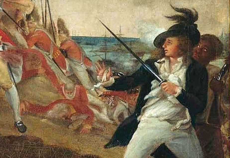 caption: John Trumbull's painting <em>The Death of General Warren at the Battle of Bunker Hill</em>. Peter Salem is thought to be the figure in the lower right.