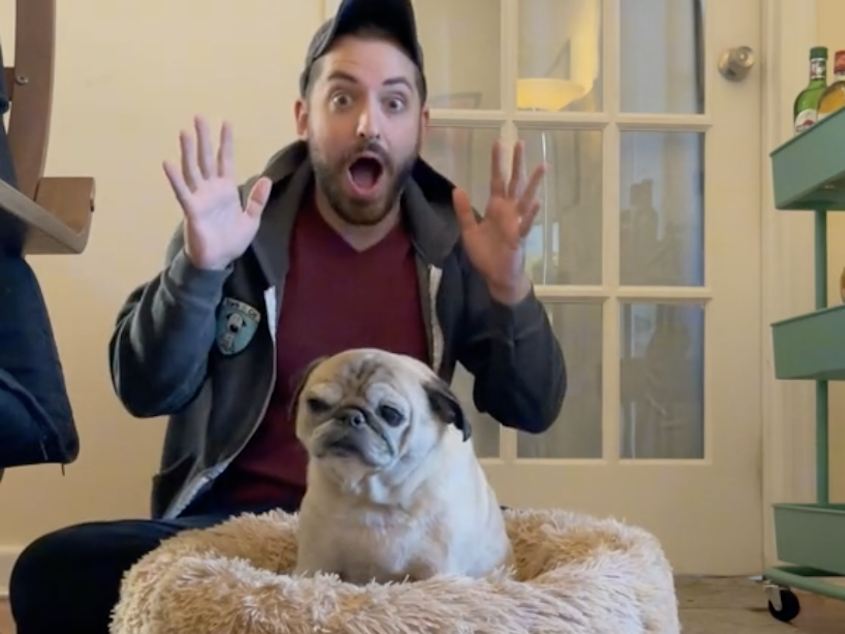 caption: Jonathan Graziano with his pug, Noodle. The two have taken to forecasting the mood of the day based on whether Noodle stands up or flops down in bed.