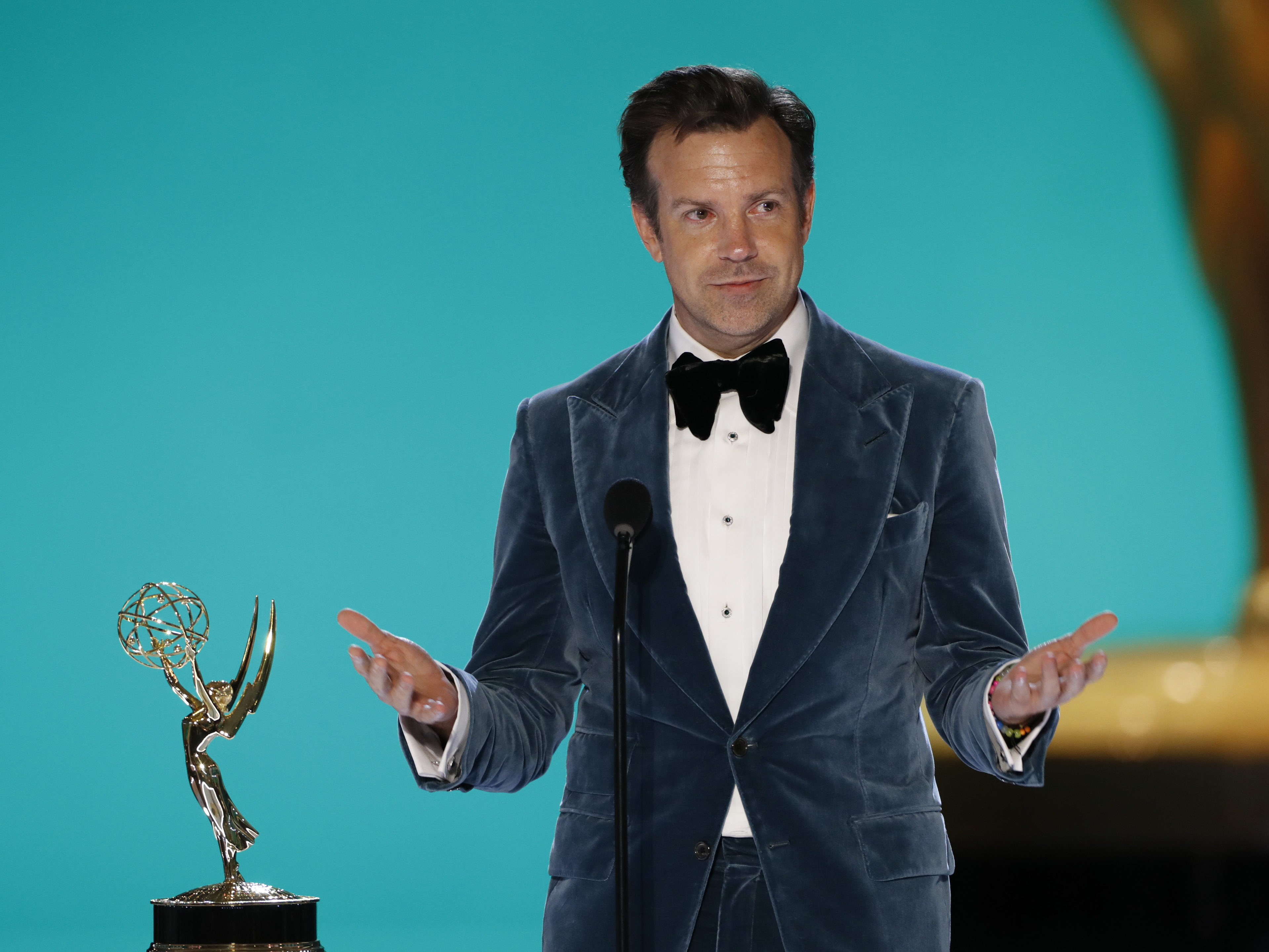 caption: Jason Sudeikis of <em>Ted Lasso</em> had a good night on Sunday, winning for both his lead performance and the show overall.
