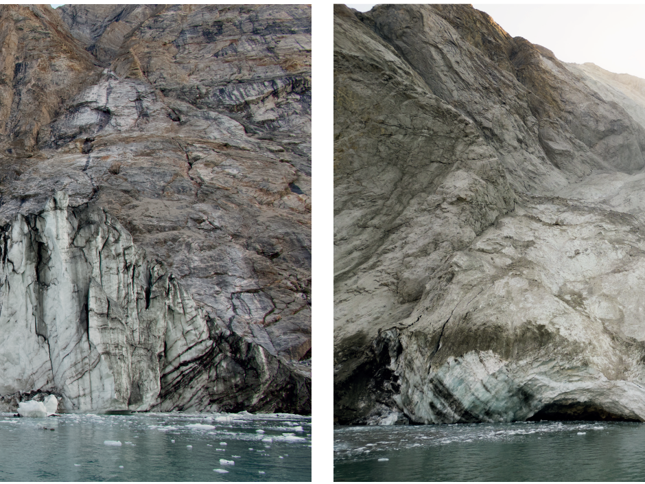 caption: Images taken from Dickson fjord show before (August 2023) and after (September 2023) photos of the mountain peak and glacier where a large landslide triggered a tsunami.