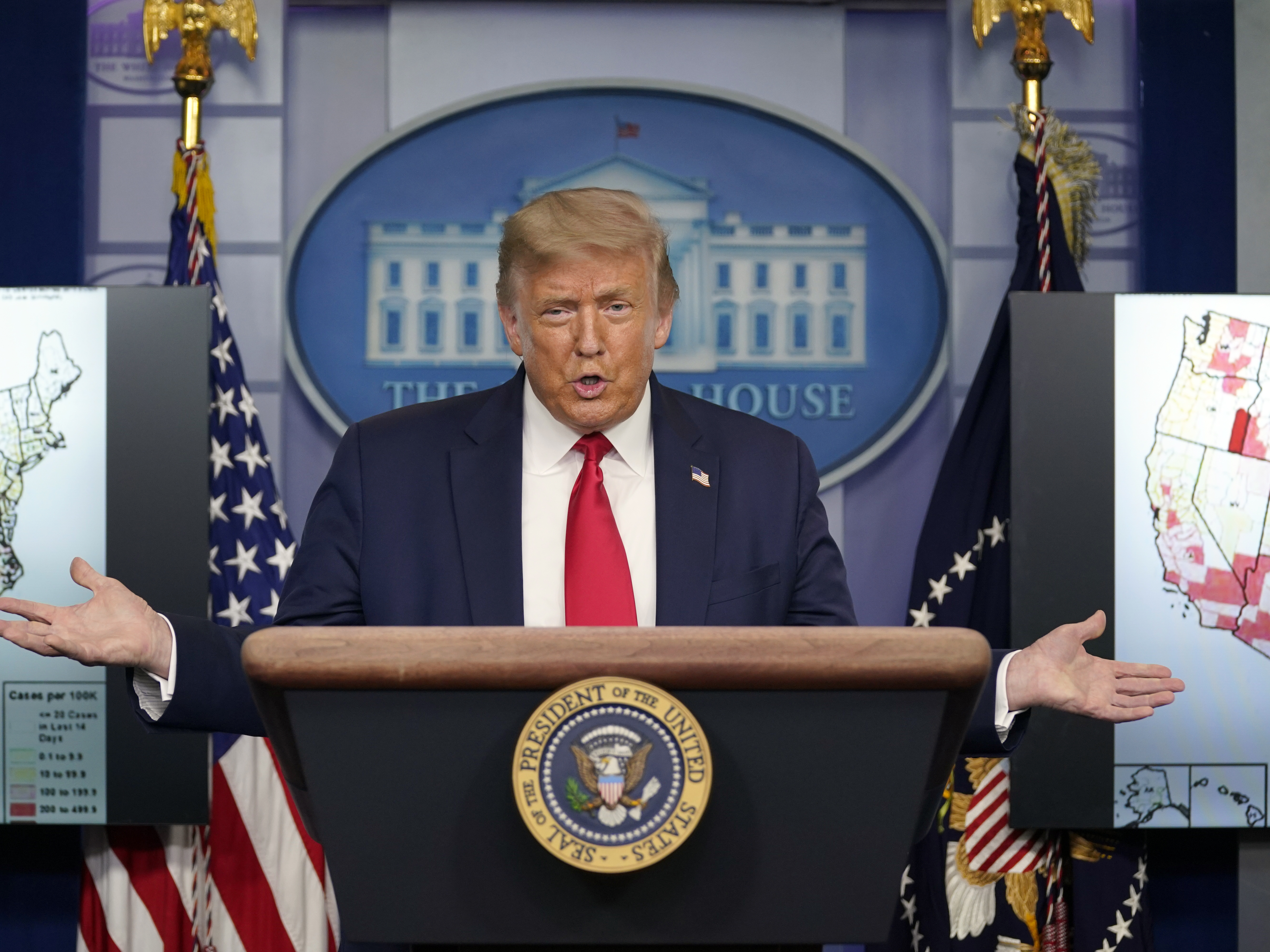 caption: President Donald Trump speaks during a news conference at the White House on Thursday, July 23, 2020.
