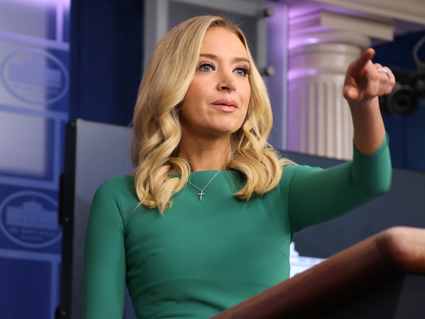 caption: White House press secretary Kayleigh McEnany speaks Friday at the first White House formal briefing she has held in weeks.