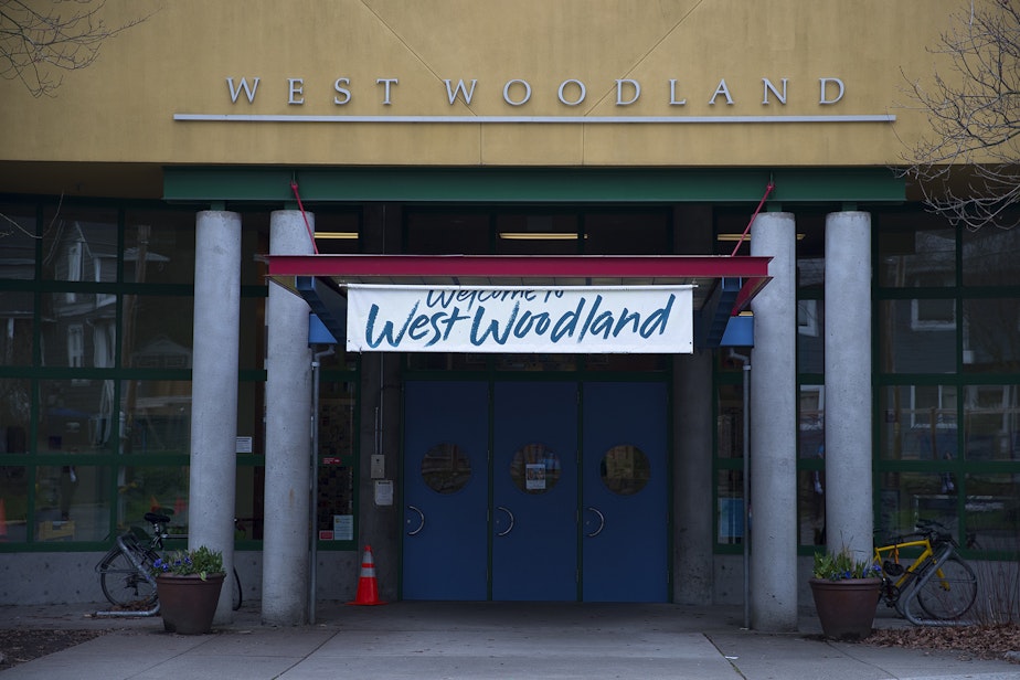 caption: West Woodland Elementary School is shown on Wednesday, February 12, 2020, in Seattle.