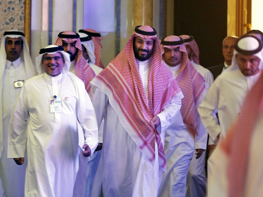 caption: Saudi Crown Prince Mohammed bin Salman attends the Future Investment Initiative conference, in Riyadh, Saudi Arabia, on Oct. 24, 2018. Many major executives backed out of the event after the killing of journalist Jamal Khashoggi. This year, some of the big corporate names are expected to return.