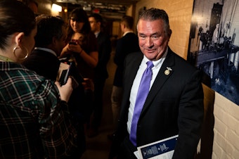 caption: Rep. Don Bacon is seen here leaving a meeting of the House Republican Conference at the U.S. Capitol on May 7. House Republicans have raised concerns over what they call a rise of antisemitism amid the Pro-Palestinian protests on college campuses across the United States.