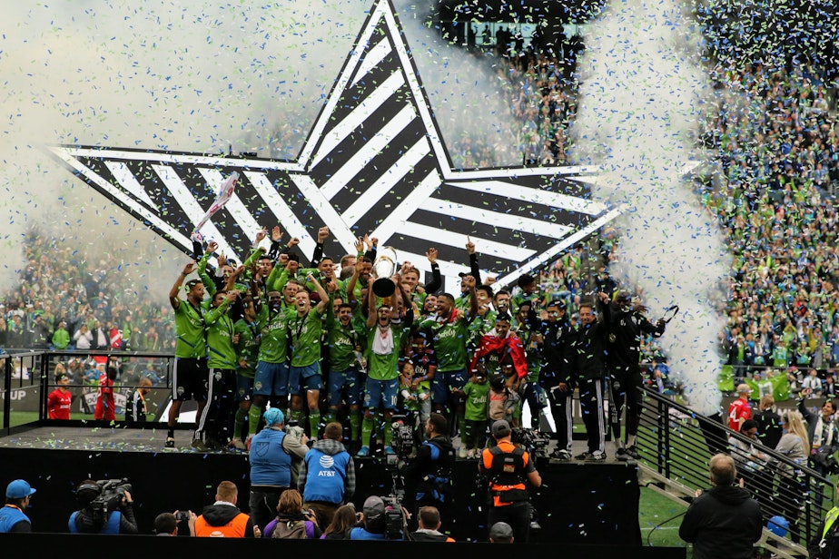 caption: The Seattle Sounders team celebrates its second championship after winning the MLS finals against Toronto FC in Seattle on Sunday, Nov. 10, 2019.