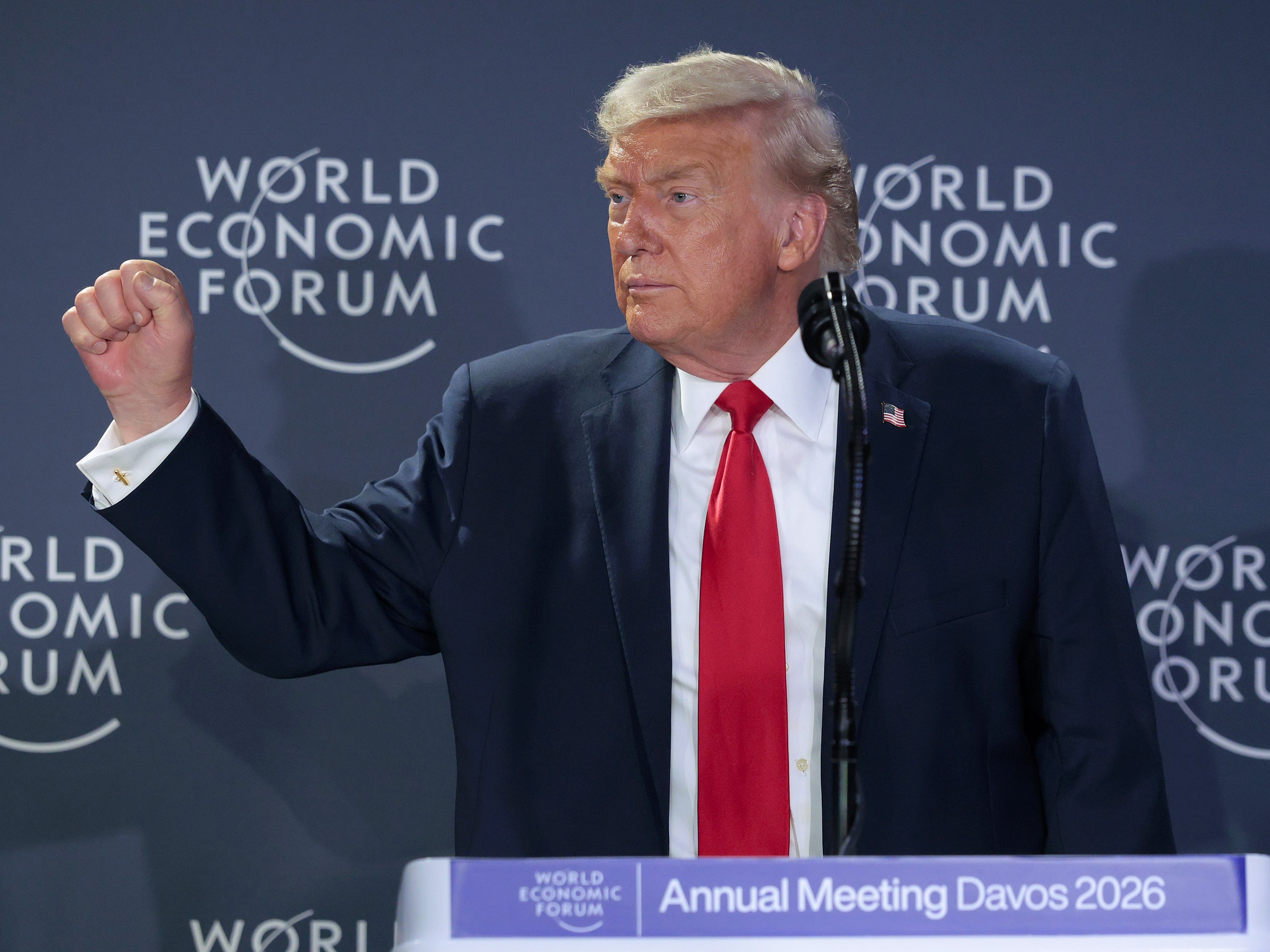 caption: President Trump speaks during a reception for business leaders at the World Economic Forum Annual Meeting in Davos, Switzerland, Wednesday.