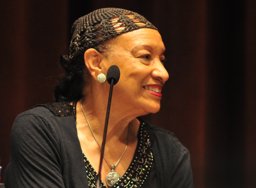 caption: Patrinell "Pat" Wright, founder of Seattle's Total Experience Gospel Choir, at the central library, Seattle, Washington on a panel after a presentation of the documentary Wheedle's Groove in 2016.