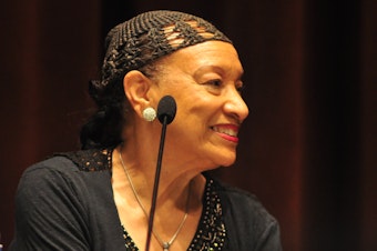 caption: Patrinell "Pat" Wright, founder of Seattle's Total Experience Gospel Choir, at the central library, Seattle, Washington on a panel after a presentation of the documentary Wheedle's Groove in 2016.
