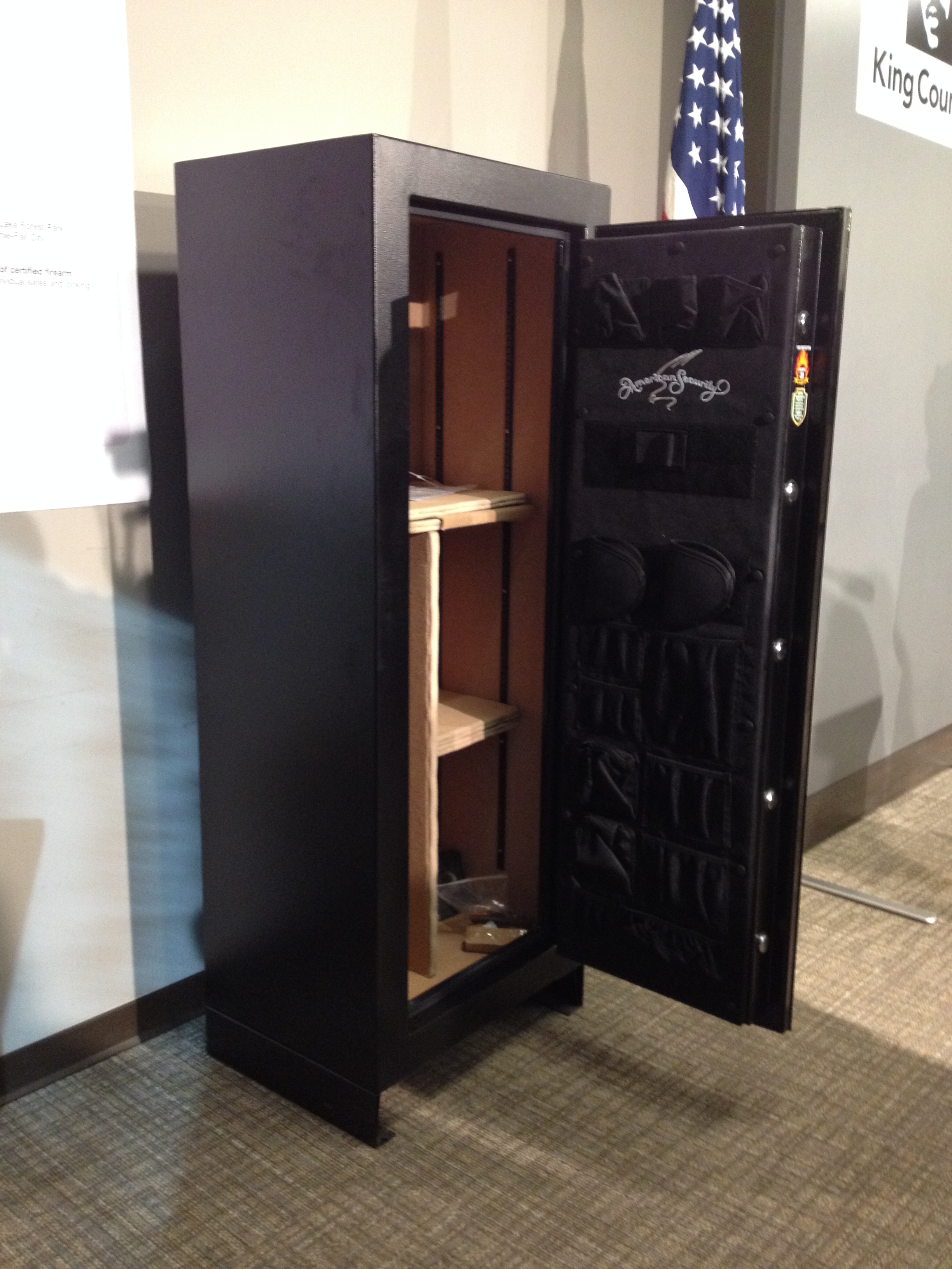 caption: An example of a safe displayed at a recent press conference to promote a new discount program to improve gun safety.