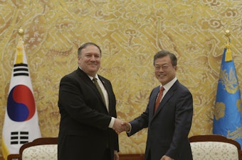 caption: U.S. Secretary of State Mike Pompeo (left) met with South Korean President Moon Jae-in (right) on Sunday at the presidential Blue House in Seoul, following talks with North Korean leader Kim Jong Un in Pyongyang.