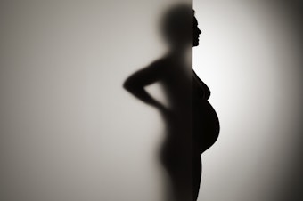 A pregnant woman stands behind frosty glass.