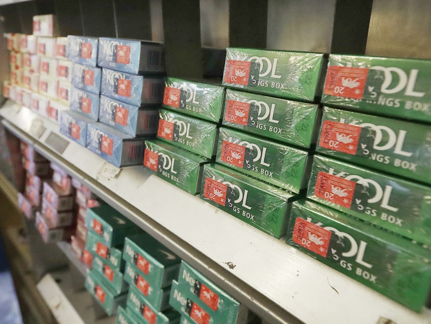 caption: Menthol cigarettes and other tobacco products are displayed at a store in San Francisco in 2018.