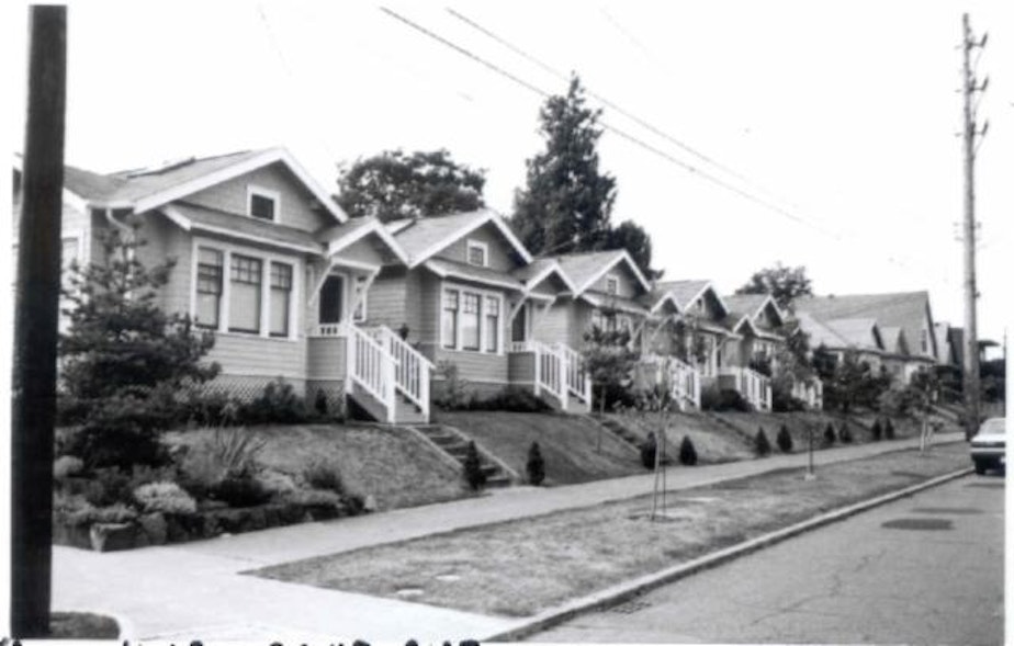 caption: Seattle's 1916 Pine Street Cottages, photographed in 1992.