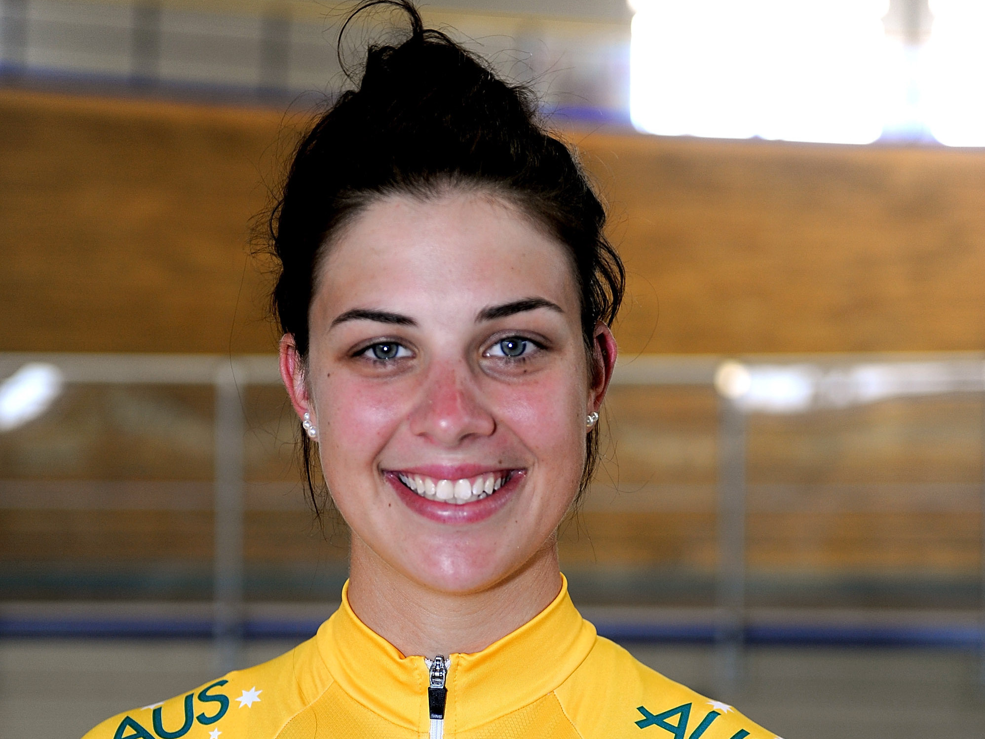 caption: Melissa Hoskins of Australia's women's track cycling team poses during a media day on July 17, 2012 in Brescia, Italy.