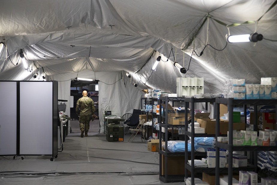 caption: Surgical supplies are shown in the operating area of a military field hospital inside CenturyLink Field Event Center on Sunday, April 5, 2020, in Seattle. The 250-bed hospital for non COVID-19 patients was deployed by soldiers from the 627th Army Hospital from Fort Carson, Colorado, as well as soldiers from Joint Base Lewis-McChord. 