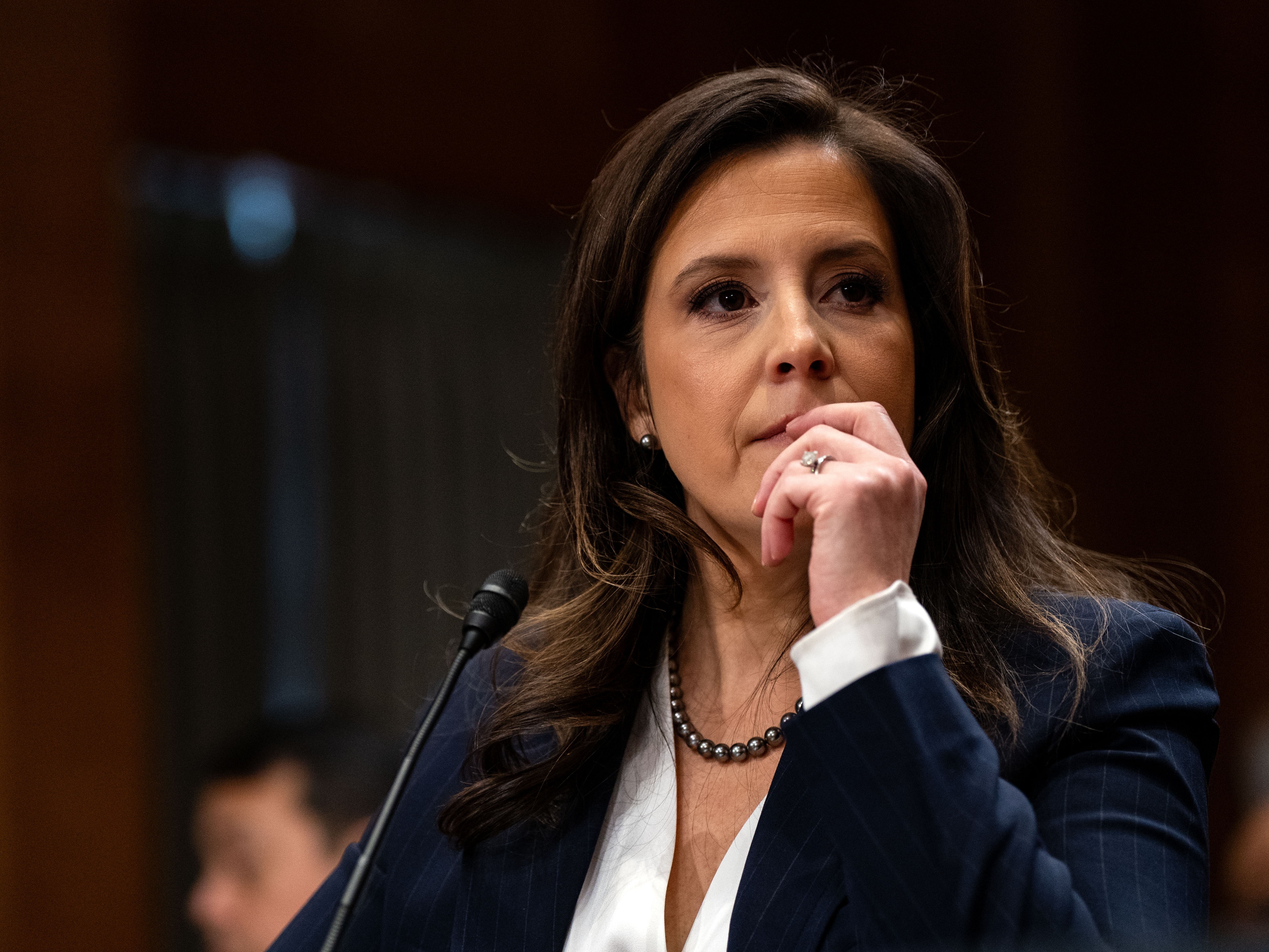 caption: Rep. Elise Stefanik, R-N.Y., testifies before the Senate Foreign Relations Committee on her nomination to be ambassador to the United Nations on Jan. 21, 2025.