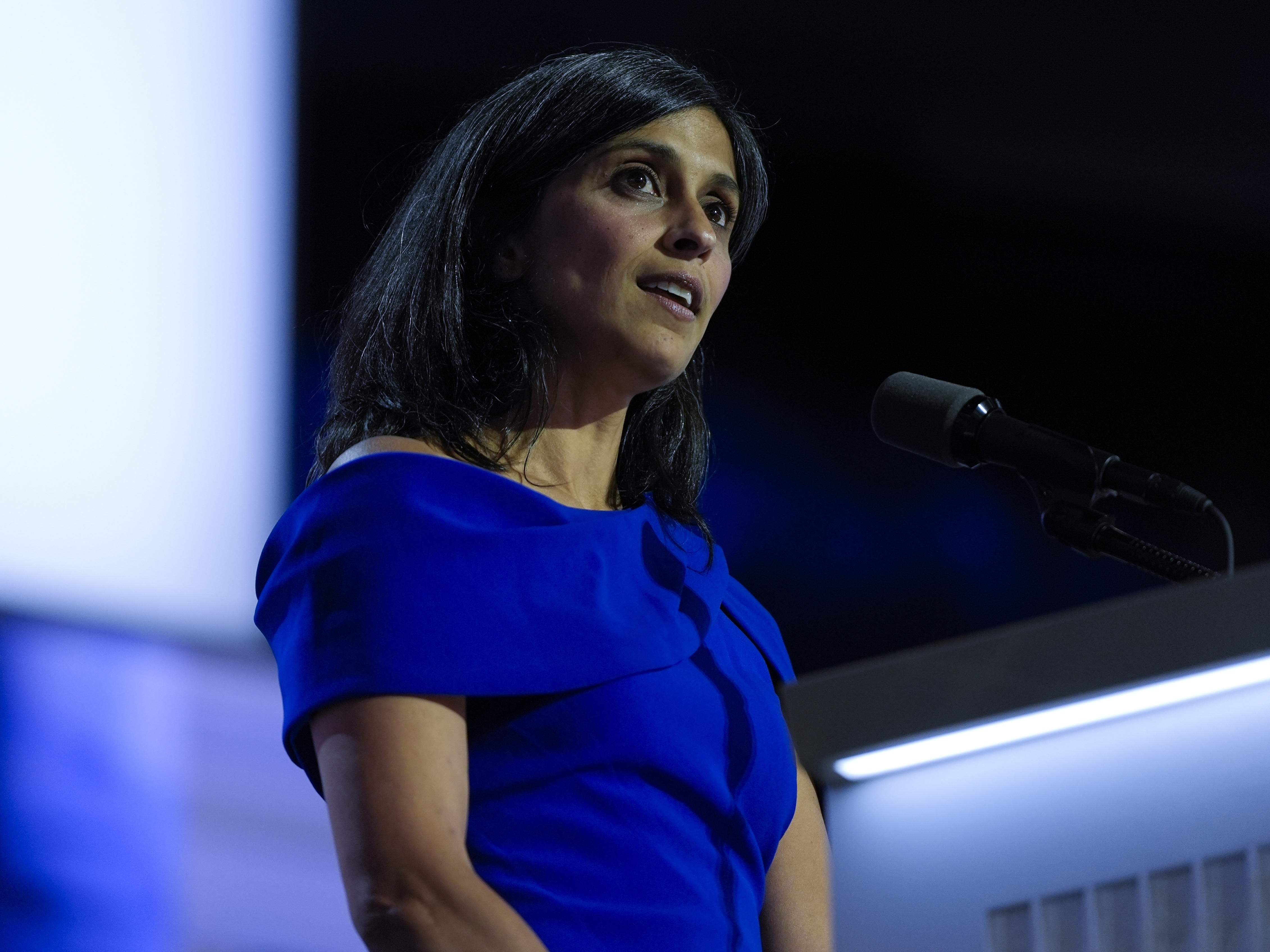 caption: Usha Vance, wife of vice presidential nominee JD Vance, speaks during the Republican National Convention on July 17 in Milwaukee.